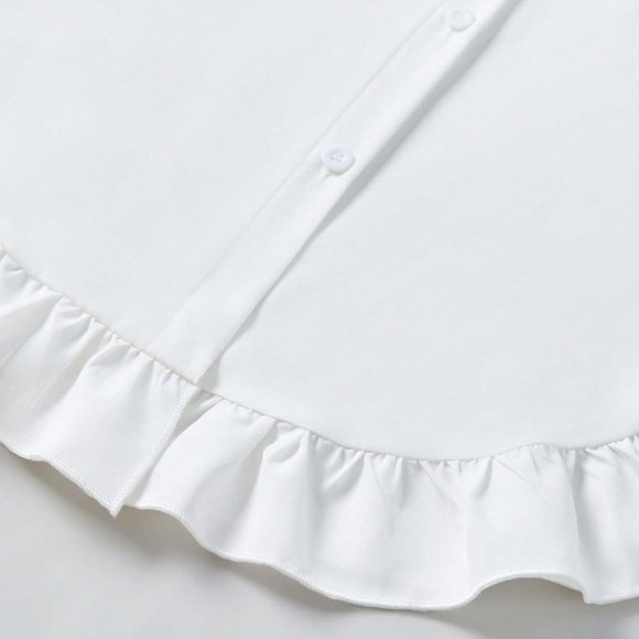 White Casual Women's Solid Color Ruffle Trim Decor Button Front Blouse - Picture 4 of 5